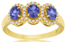 1.21CT DIAMOND & AAA TANZANITE 14KT YELLOW GOLD OVAL & ROUND 3 STONE LOVE RING