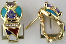 1.0CT DIAMOND & AAA MULTI GEM 14KT YELLOW GOLD CIRCULAR CLIP ON HANGING EARRINGS