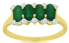 1.06CT DIAMOND & AAA EMERALD 14KT YELLOW GOLD 3D OVAL & ROUND 4 STONE FUN RING