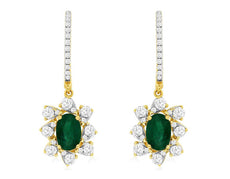 1.50CT DIAMOND & AAA EMERALD 14KT YELLOW GOLD FLOWER LEVERBACK HANGING EARRINGS