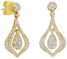 1.17CT DIAMOND 14K YELLOW GOLD 3D ROUND DOUBLE TEAR DROP FLOWER HANGING EARRINGS