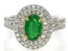 2.05CT DIAMOND & AAA EMERALD 18KT 2 TONE GOLD OVAL & ROUND HALO ENGAGEMENT RING