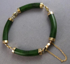 ANTIQUE LARGE & LONG AAA CHINESE JADE 14K YELLOW GOLD CUFF LUCKY BRACELET #28088