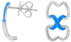 .55CT DIAMOND & BLUE ENAMEL 14KT WHITE GOLD DOUBLE HEART X LOVE HANGING EARRINGS