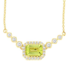 1.35CT DIAMOND & AAA PERIDOT 14KT YELLOW GOLD EMERALD CUT & ROUND LOVE NECKLACE
