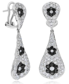 3.99CT WHITE & BLACK DIAMOND 18KT WHITE GOLD 3D MULTI FLOWER TEAR DROP EARRINGS