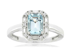 1.09CT DIAMOND & AAA AQUAMARINE 14KT WHITE GOLD 3D SQUARE HALO ENGAGEMENT RING