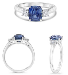 2.56CT DIAMOND & AAA SAPPHHIRE PLATINUM CLASSIC CUSHION 3 STONE ENGAGEMENT RING