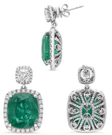 LARGE 14.64CT DIAMOND & AAA EMERALD PLATINUM CUSHION & ROUND FILIGREE EARRINGS