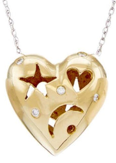 .05CT DIAMOND 14K YELLOW GOLD 3D ETOILE PUFF HEART MOON & STAR FLOATING NECKLACE