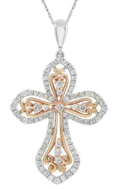 .59CT DIAMOND 18KT WHITE & ROSE GOLD FLORAL OPEN FILIGREE CROSS FLOATING PENDANT