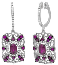 2.04CT DIAMOND & AAA RUBY 14KT WHITE GOLD 3D MULTI HEART SQUARE HANGING EARRINGS