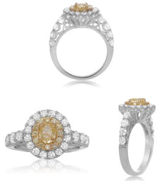 2.0CT WHITE & FANCY YELLOW DIAMOND 18K 2 TONE GOLD OVAL & ROUND ENGAGEMENT RING