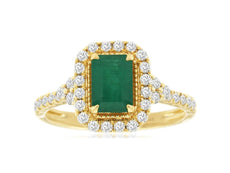 1.46CT DIAMOND & AAA EMERALD 14KT YELLOW GOLD ROUND & BAGUETTE FILIGREE FUN RING