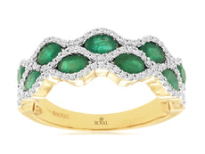 1.96CT DIAMOND & AAA EMERALD 14KT YELLOW GOLD 2 ROW MULTI WAVE ANNIVERSARY RING