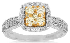0.74CT WHITE & FANCY YELLOW DIAMOND 14KT 2 TONE GOLD CLUSTER FRIENDSHIP LOVE RING