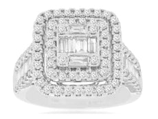 1.63CT DIAMOND 14KT WHITE GOLD 3D ROUND & BAGUETTE DOUBLE HALO ANNIVERSARY RING