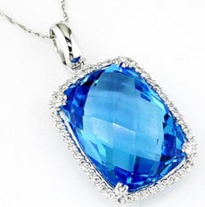 17.2CT DIAMOND & AAA BLUE TOPAZ 14KT WHITE GOLD CUSHION & ROUND FLOATING PENDANT
