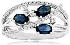 1.10CT DIAMOND & AAA SAPPHIRE 14KT WHITE GOLD OVAL & ROUND CRISS CROSS FUN RING