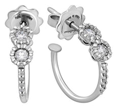 ESTATE .40CT DIAMOND 18KT WHITE GOLD CLASSIC DOUBLE FLOWER HOOP HANGING EARRINGS