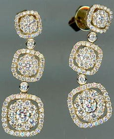 2.16CT DIAMOND 14K YELLOW GOLD MULTI FLOWER PAST PRESENT FUTURE HANGING EARRINGS