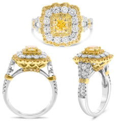 2.26CT WHITE & FANCY YELLOW DIAMOND 18KT 2 TONE GOLD ROUND & CUSHION FLORAL RING