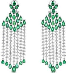 15.13CT DIAMOND & AAA EMERALD 18KT WHITE GOLD 3D CHANDELIER TEAR DROP EARRINGS