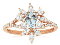 .80CT DIAMOND & AAA AQUAMARINE 14KT ROSE GOLD PEAR SHAPE & ROUND SNOWFLAKE RING
