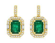 2.41CT DIAMOND & AAA EMERALD 14KT YELLOW GOLD ROUND & BAGUETTE HANGING EARRINGS