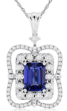 1.4CT DIAMOND & AAA TANZANITE 14K WHITE GOLD ROUND & BAGUETTE FLOWER FUN PENDANT