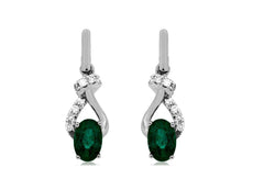 ESTATE .95CT DIAMOND & AAA EMERALD 14KT WHITE GOLD OVAL & ROUND HANGING EARRINGS