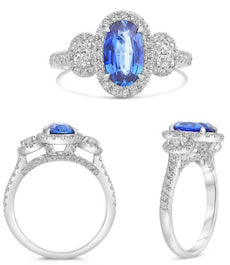 2.2CT DIAMOND & AAA SAPPHIRE PLATINUM OVAL & ROUND 3 STONE HALO ENGAGEMENT RING