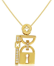 .10CT DIAMOND 18KT YELLOW GOLD 3D FLORAL KEY TO YOUR HEART LOVE FLOATING PENDANT