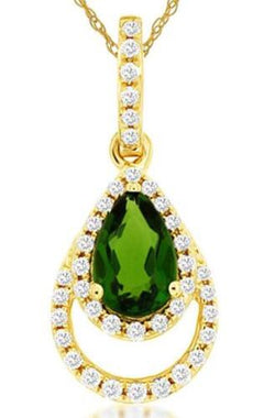 .56CT DIAMOND & AAA RUSSALITE 14KT YELLOW GOLD PEAR SHAPE HALO FLOATING PENDANT