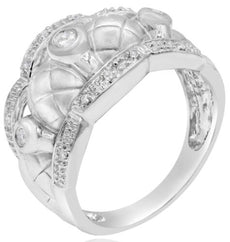 ESTATE .13CT DIAMOND 18K WHITE GOLD 3D MATTE & SHINY FLORAL CRISS CROSS FUN RING