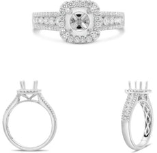 .64CT DIAMOND 14KT WHITE GOLD 3D ROUND SQUARE 4 PRONG SEMI MOUNT ENGAGEMENT RING