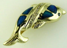ESTATE .10CT DIAMOND & AAA OPAL 14KT YELLOW GOLD HAPPY DOLPHIN FLOATING PENDANT