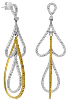 1.77CT WHITE & FANCY YELLOW DIAMOND 18K 2 TONE GOLD 3D DOUBLE HEART FUN EARRINGS