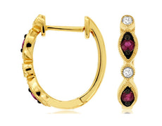 ESTATE .26CT DIAMOND & AAA RUBY 14KT YELLOW & BLACK GOLD HUGGIE HANGING EARRINGS
