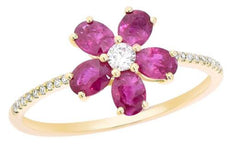1.20CT DIAMOND & AAA RUBY 14KT YELLOW GOLD CLASSIC OVAL & ROUND FLOWER LOVE RING