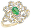 ESTATE 1.12CT DIAMOND & AAA EMERALD 14K YELLOW GOLD OVAL & ROUND FLOWER FUN RING