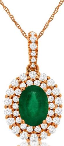 1.09CT DIAMOND & AAA EMERALD 14KT ROSE GOLD 3D OVAL DOUBLE HALO FLOATING PENDANT