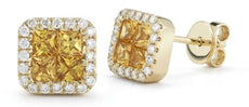 1.36CT DIAMOND & AAA YELLOW SAPPHIRE 14KT YELLOW GOLD SQUARE HALO STUD EARRINGS