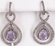 3.01CT DIAMOND & AAA PINK AMETHYST 14K WHITE GOLD 3D PEAR SHAPE & ROUND EARRINGS
