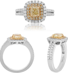 1.75CT WHITE & FANCY YELLOW DIAMOND 18KT 2 TONE GOLD CUSHION & ROUND 2 ROW RING