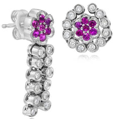 .92CT DIAMOND & AAA RUBY 14KT WHITE GOLD 3D FLOWER FILIGREE FUN HANGING EARRINGS