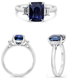 3.94CT DIAMOND & AAA SAPPHIRE PLATINUM CUSHION & TRAPEZOID 3 STONE CLASSIC RING