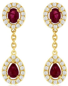 1.06CT DIAMOND & AAA RUBY 14KT YELLOW GOLD 3D OVAL PEAR SHAPE & ROUND EARRINGS