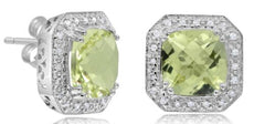 4.14CT DIAMOND & AAA GREEN AMETHYST 14KT WHITE GOLD 3D CUSHION & ROUND EARRINGS