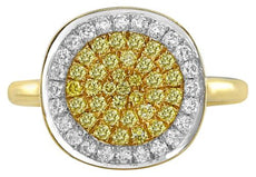 .62CT WHITE & FANCY YELLOW DIAMOND 18KT 2 TONE GOLD CLUSTER PAVE ROUND FUN RING